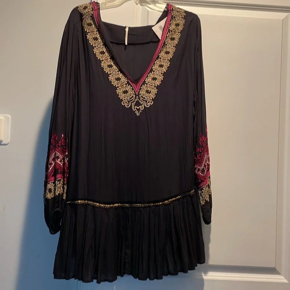 Free People Wild One Peasant Mini Dress SizeS Black Gold Embroidered Drop Waist - Picture 8 of 16